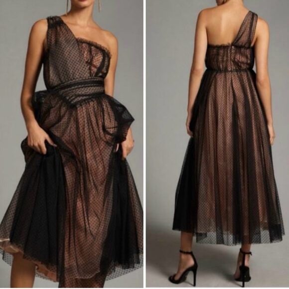 Anthropologie Black and Blush One-Shoulder Tulle Dress - Picture 3 of 11